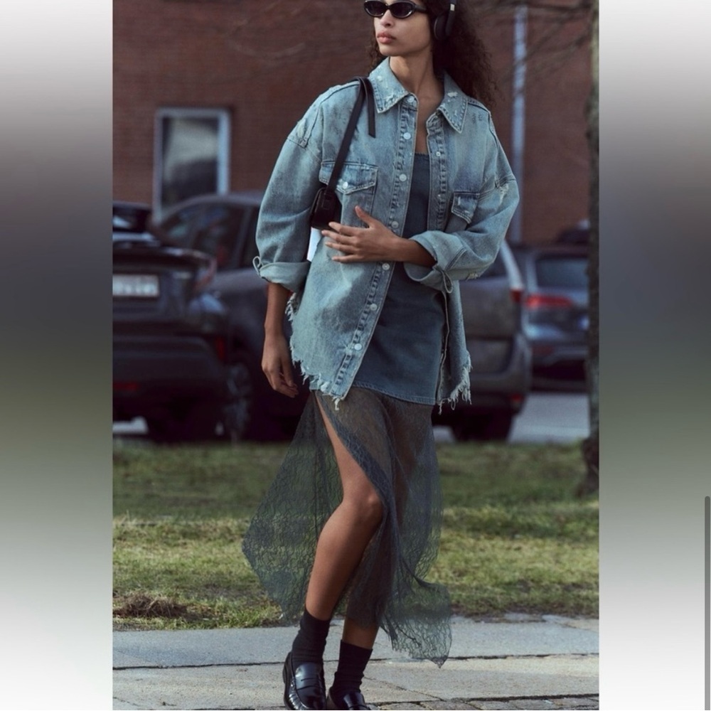NWT Zara Limited Edition Lace Hem Denim Maxi Dress Blue Festival Chic Large - Picture 8 of 16